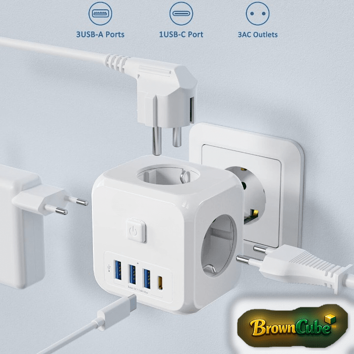 BrownCube™ - Cubo di alimentazione 7 - in - 1 EU con 3 prese AC e 4 porte USB - Brown's Hub Web