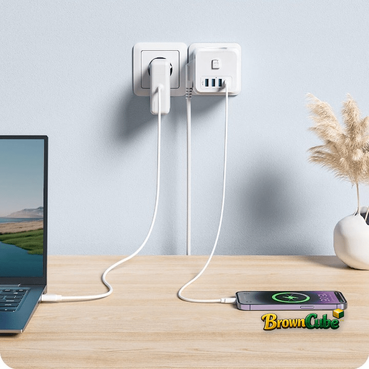 BrownCube™ - Cubo di alimentazione 7 - in - 1 EU con 3 prese AC e 4 porte USB - Brown's Hub Web