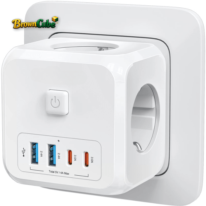 BrownCube™ - Cubo di alimentazione 7 - in - 1 EU con 3 prese AC e 4 porte USB - Brown's Hub Web