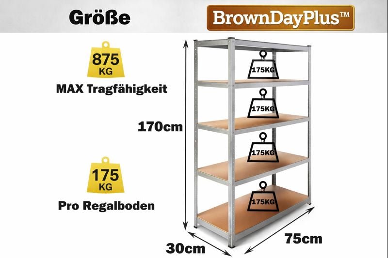 BrownDayPlus™ Scaffale Heavy Duty 5 Ripiani – Senza Bulloni, Acciaio - Brown's Hub Web