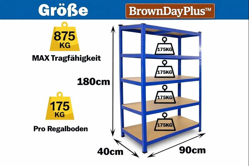BrownDayPlus™ Scaffale Heavy Duty 5 Ripiani – Senza Bulloni, Acciaio - Brown's Hub Web