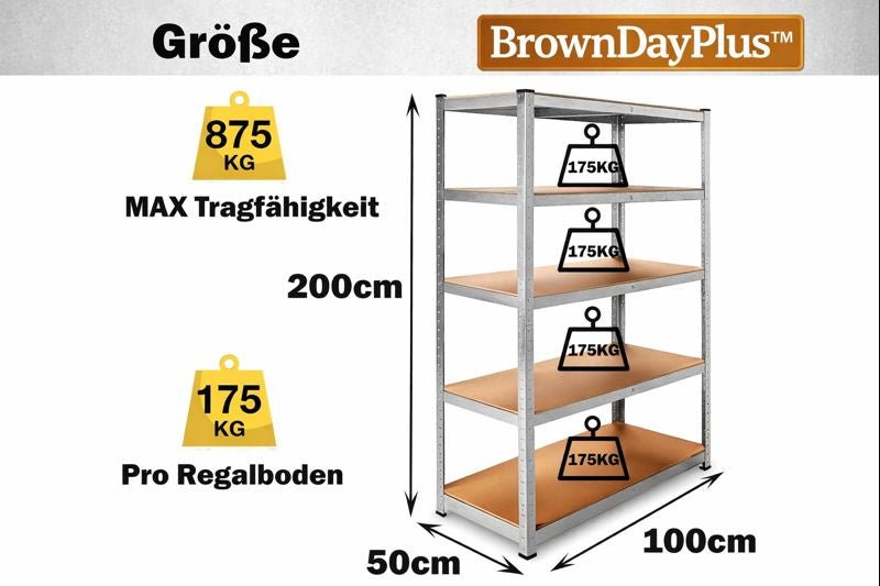 BrownDayPlus™ Scaffale Heavy Duty 5 Ripiani – Senza Bulloni, Acciaio - Brown's Hub Web