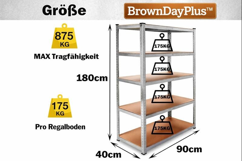 BrownDayPlus™ Scaffale Heavy Duty 5 Ripiani – Senza Bulloni, Acciaio - Brown's Hub Web