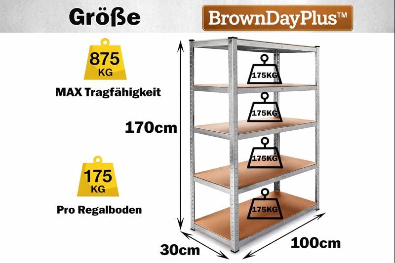 BrownDayPlus™ Scaffale Heavy Duty 5 Ripiani – Senza Bulloni, Acciaio - Brown's Hub Web