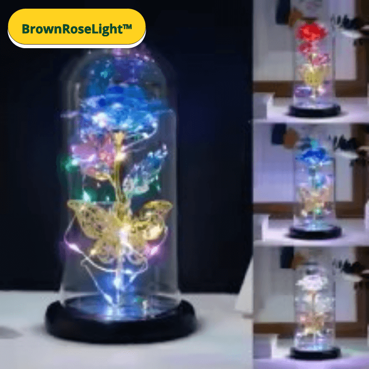 BrownRoseLight™ - Lampada Rosa Galassia con Farfalle – Rosa Artificiale con LED Multicolor sotto Campana in Vetro - Brown's Hub Web