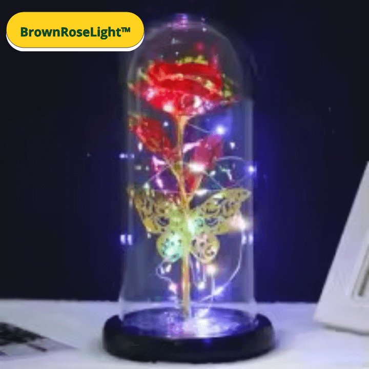 BrownRoseLight™ - Lampada Rosa Galassia con Farfalle – Rosa Artificiale con LED Multicolor sotto Campana in Vetro - Brown's Hub Web