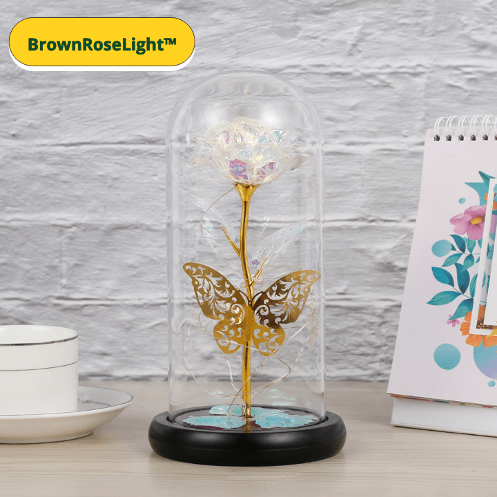 BrownRoseLight™ - Lampada Rosa Galassia con Farfalle – Rosa Artificiale con LED Multicolor sotto Campana in Vetro - Brown's Hub Web
