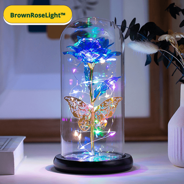BrownRoseLight™ - Lampada Rosa Galassia con Farfalle – Rosa Artificiale con LED Multicolor sotto Campana in Vetro - Brown's Hub Web