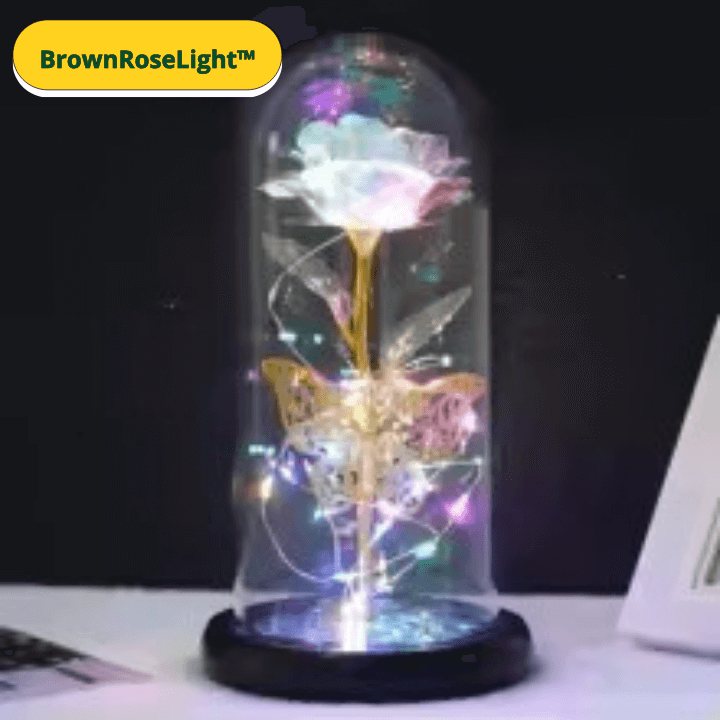 BrownRoseLight™ - Lampada Rosa Galassia con Farfalle – Rosa Artificiale con LED Multicolor sotto Campana in Vetro - Brown's Hub Web