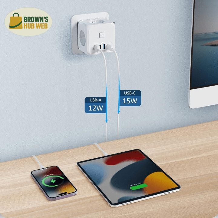 Brown's Hub Web™ Cubo di alimentazione 7-in-1 EU con 3 prese AC e 4 porte USB