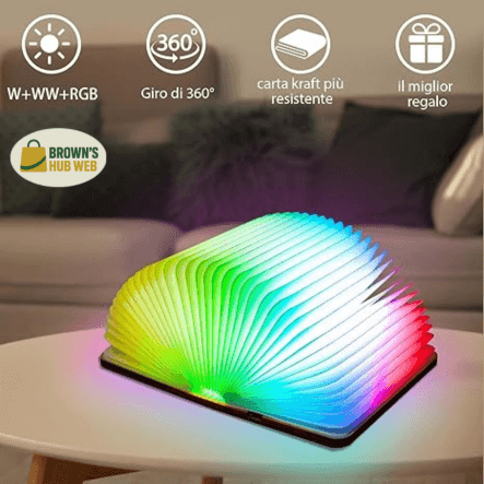 Brown's Hub Web™ Lampada Libro Notturna LED – Elegante Design in Legno 3D