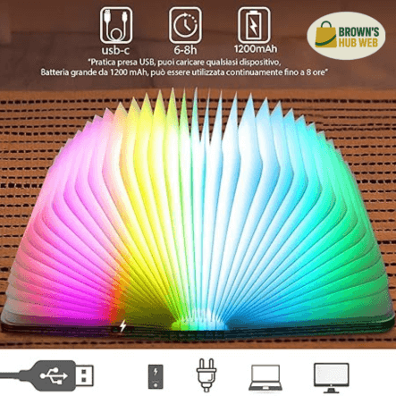 Brown's Hub Web™ Lampada Libro Notturna LED – Elegante Design in Legno 3D
