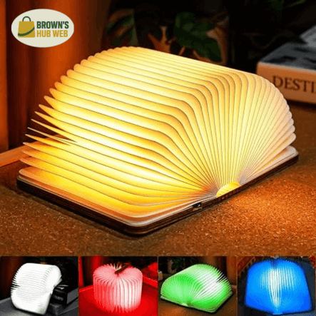 Brown's Hub Web™ Lampada Libro Notturna LED – Elegante Design in Legno 3D
